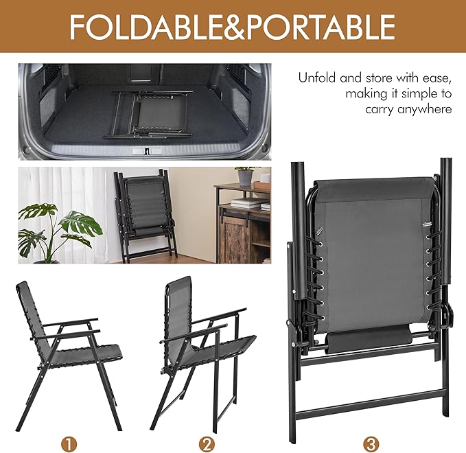Yaheetech Patio Dining Chairs Set of 2 with Armrests and Backrests, Outdoor Texteline Folding Chairs All Weather for Garden, Lawn, Porch and Backyard, Dark Gray