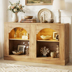 Arched Entryway Table with LED Lights, 47" Farmhouse Console Table with Adjustable Shelves, Sofa Table Behind Couch, Sideboard Buffet Storage Cabinet for Entrance/Hallway/Living Room, Natural Oak