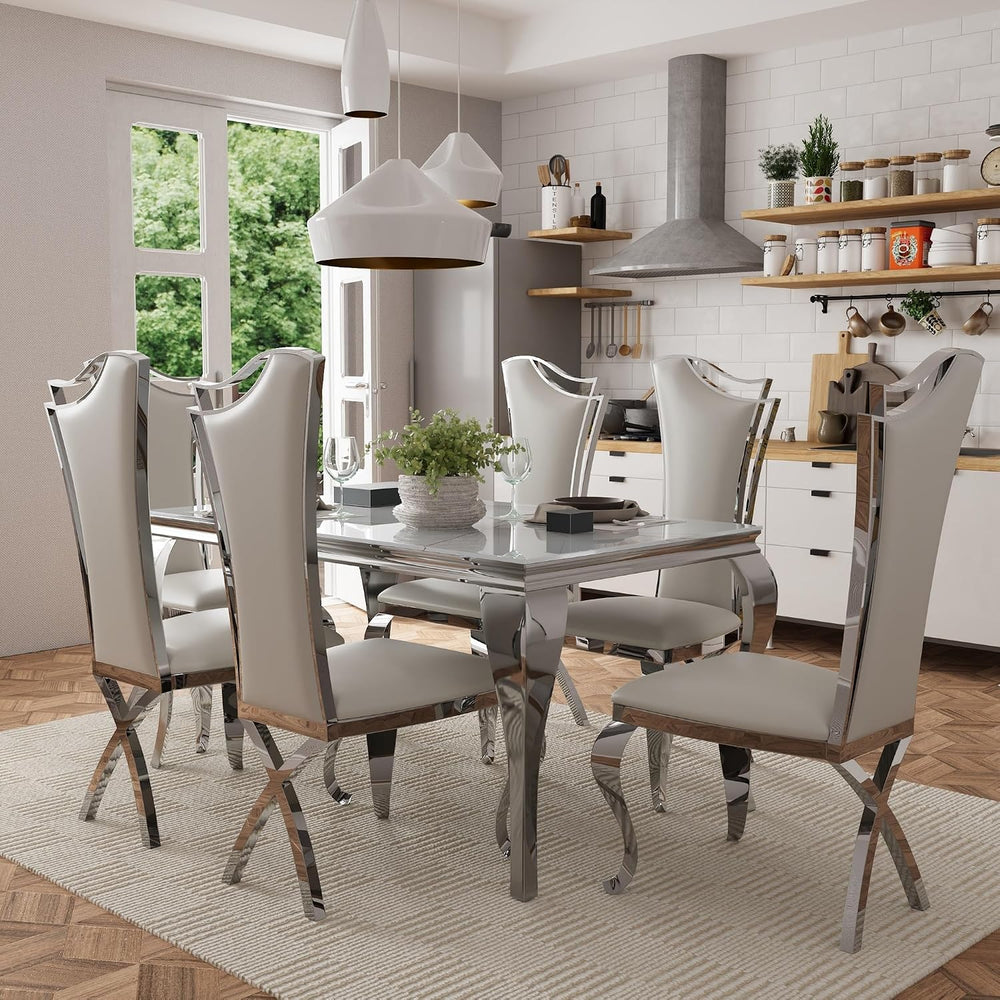 Asday Dining Chairs Set of 6, White Faux Leather and Silver Streamlined High ...