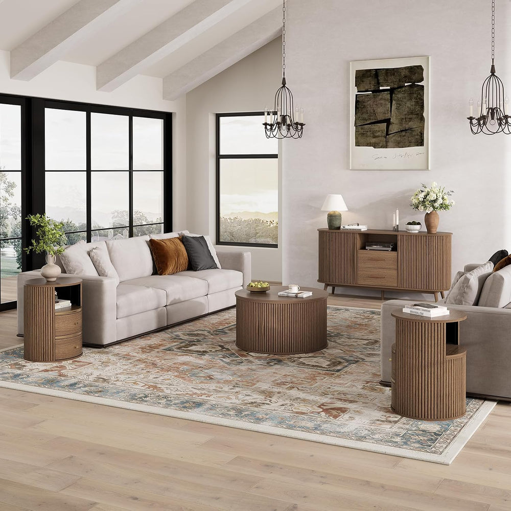 JOINICE Round End Tables Living Room, Fluted End Table with 2 Drawers and Ope...