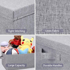 HOONEX Linen Foldable Storage Bins with Lids, 2 Pack, Storage Boxes with Carrying Handles and Sturdy Heavy Cardboard, 16.5" L x 11.8" W x 7.5" H for Shoes, Books, Clothes, Light Grey