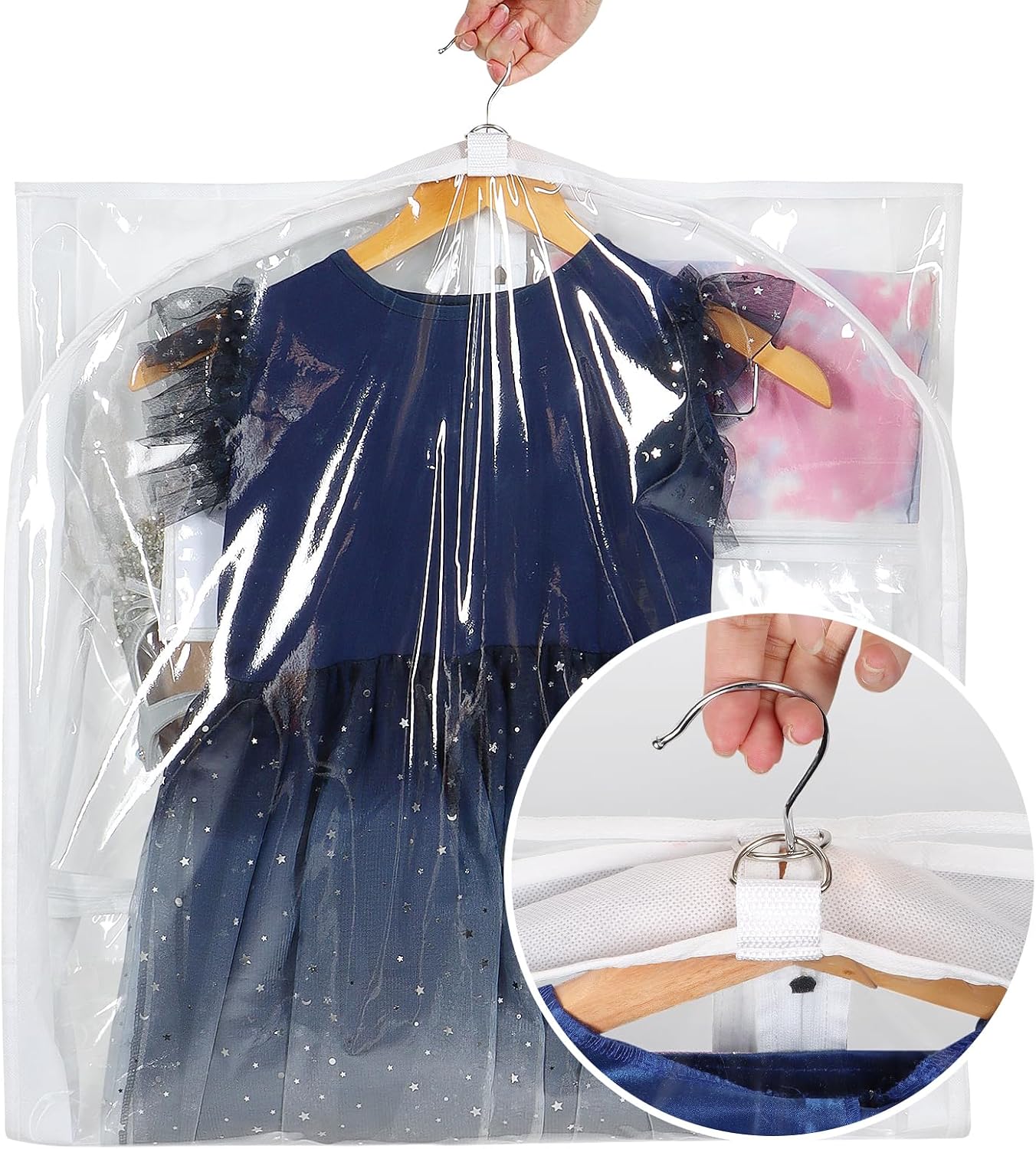 Univivi 50 Inch Dance Costume Garment Bags for Dancers, White, 2 Pack | Breathable Fabric, PVC Window, 3 Separated Clear and 1 Back Zipper Pocket, Foldable Dance Garment Bags for Dancers, Dresses