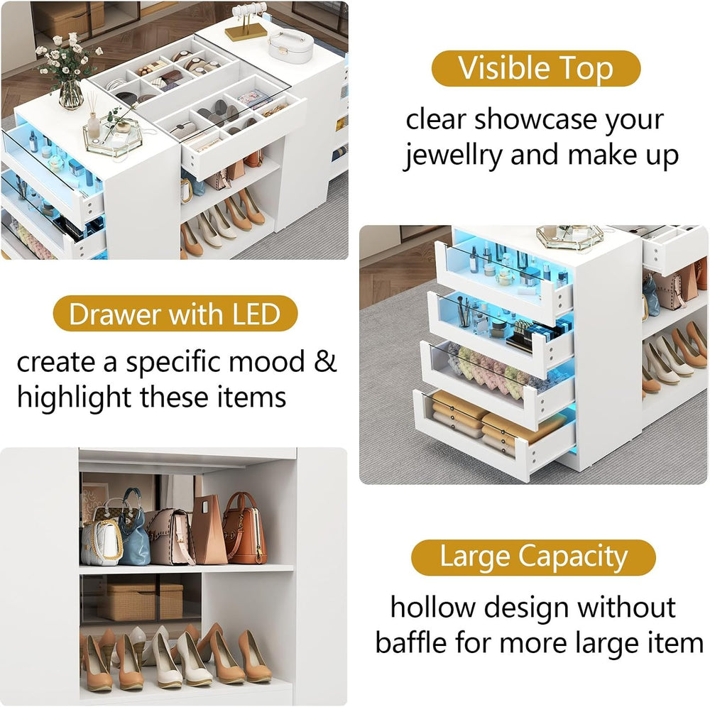 Gyfimoie Closet Island with Drawers, Armoire Wardrobe Closet with LED Lights ...