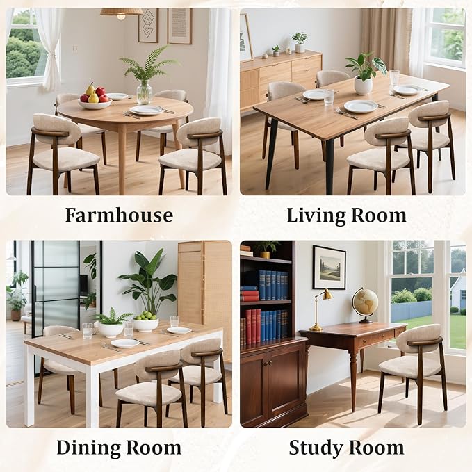 Farmhouse Dining Chairs Set of 8, Mid Century Modern Fabric Upholstered Kitchen Chairs, Wooden Dining Room Chair with Curved Back for Kitchen Dining Room Restaurant Cafe, Light Camel (Only Chairs)
