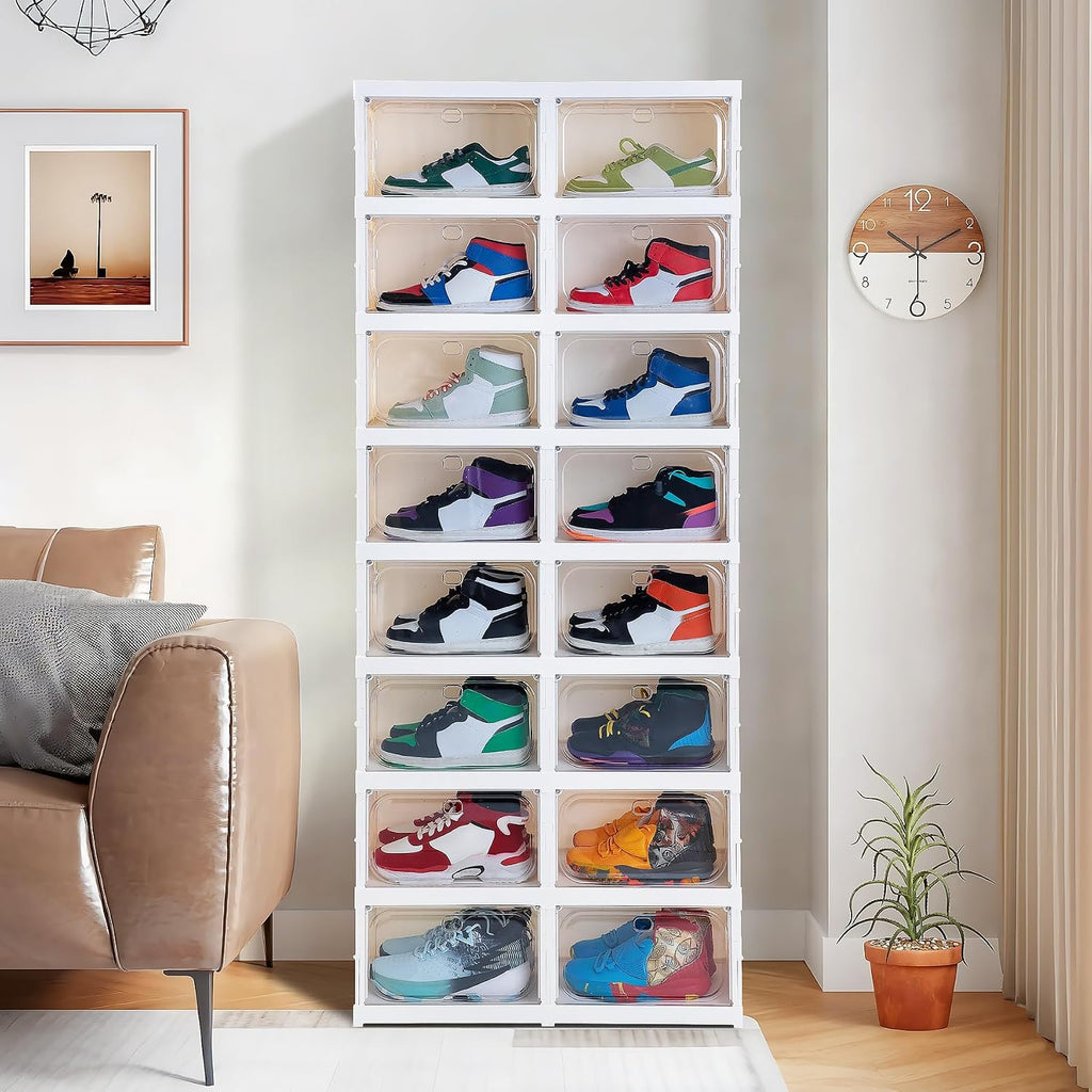 Shoe Box Foldable Storage Box Installation-free Clear Plastic Stackable Shoe Storage Cabinet Shoe Organizer Shoe Container Box with Lids Large Size Shoe Rack (8 Tiers 16 Pairs)