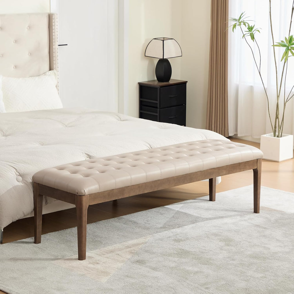 66" Upholstered End of Bed Bench with Headrest, Button Tufted (Taupe) | Nano Leather, Dark Walnut Legs, Bedroom & Entryway, Footstool Design, Window Bench Style