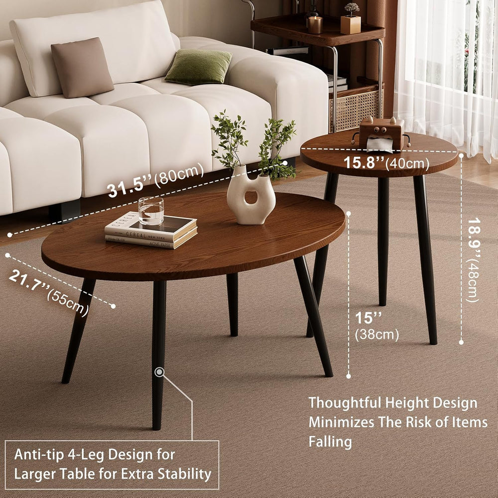 2 Pcs Small Oval Coffee Table,31.5" Retro Walnut Coffee Tables Nesting T...