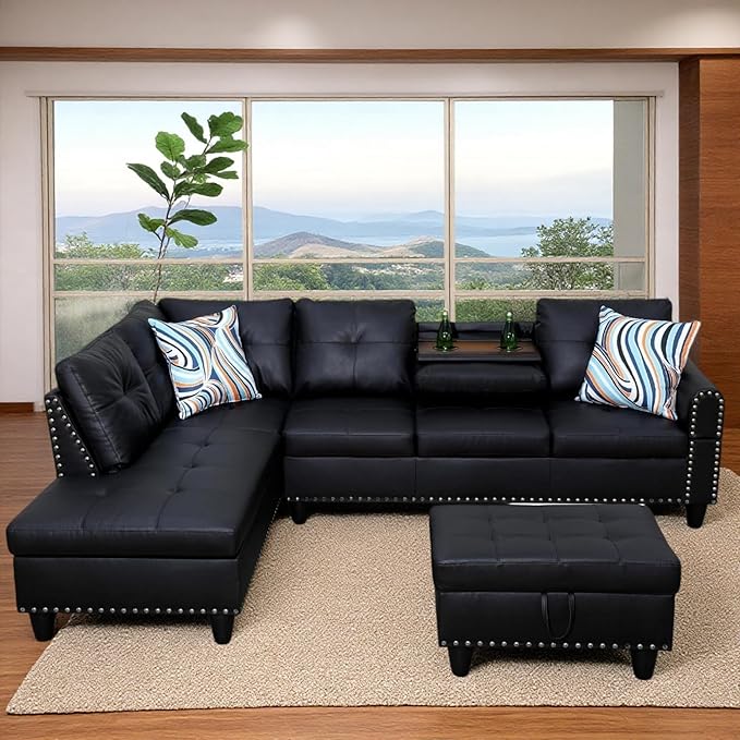 Sectional Couches for Living Room with Movable Chaise & Storage Ottoman - 97.5" Leather L Shaped Couches for Living Room Apartment, Home Modular Sectional Sofas with Cup Holder, Black