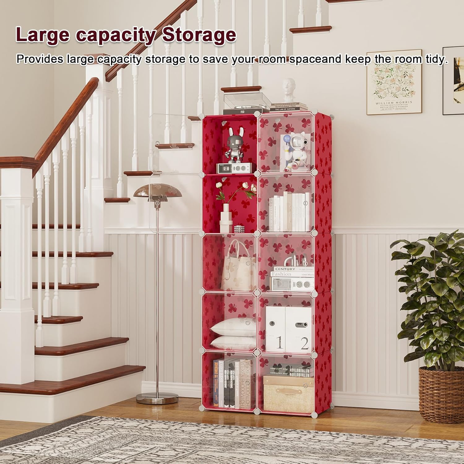 C&AHOME Cube Storage Organizer with Doors, 10-Cube Shelves, DIY Plastic Modular Bookshelf, Closet Clothes Storage Shelving Ideal for Bedroom, Living Room, Clover Embossed, Red