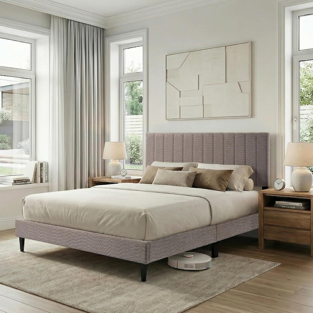 Queen Upholstered Platform Bed Frame, Tufted Channel Headboard, Soft Boucle F...