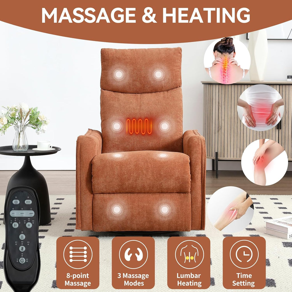 Anwick 360° Swivel Rocker Recliner Chair with Heat and Massage, Manual Upholstered Recliner for Small Spaces, Fabric Glider Nursery Chair with Side Pockets for Living Room (Orange)