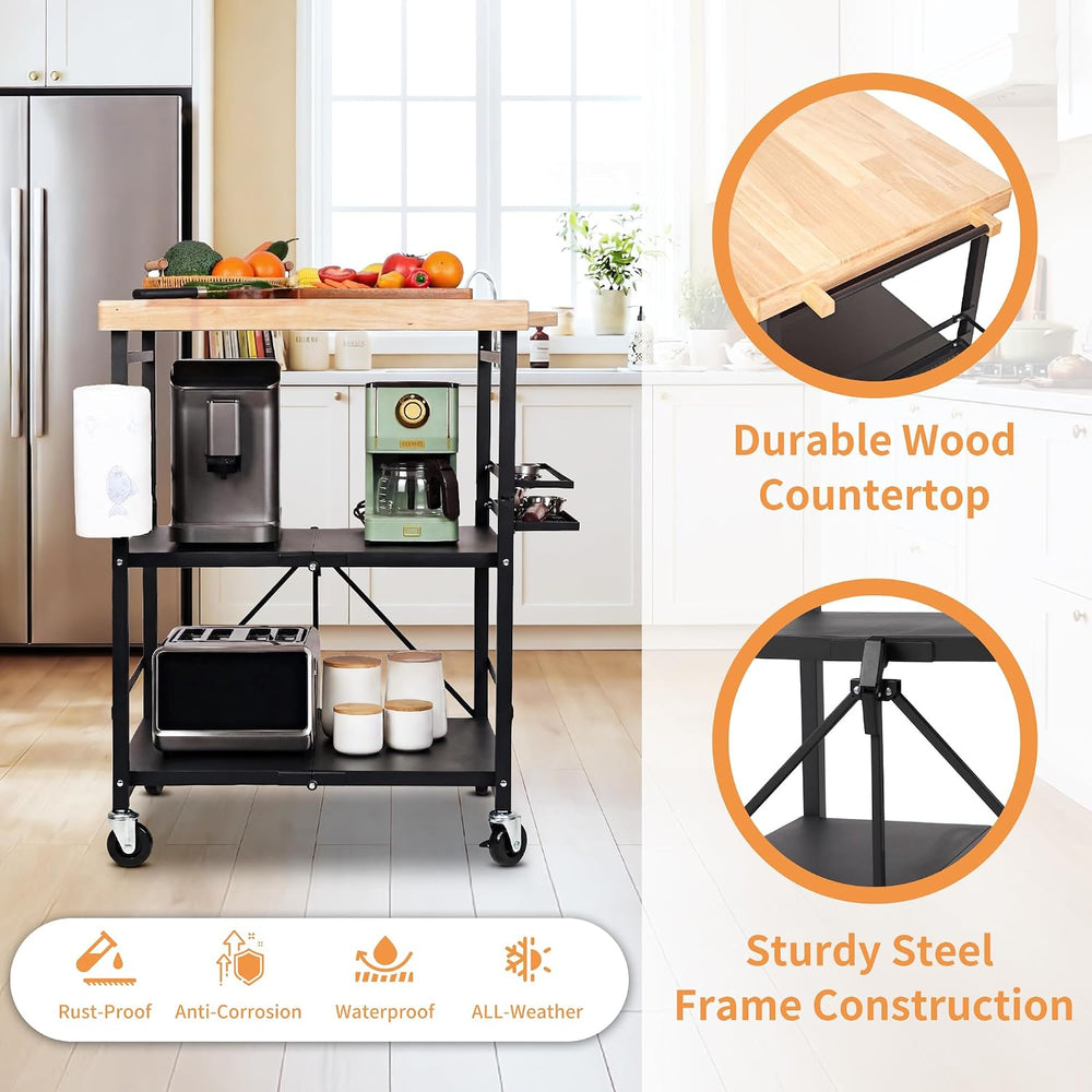 PLKOW Foldable Kitchen Cart with Solild Oak Wood Top, Rolling Kitchen Island ...