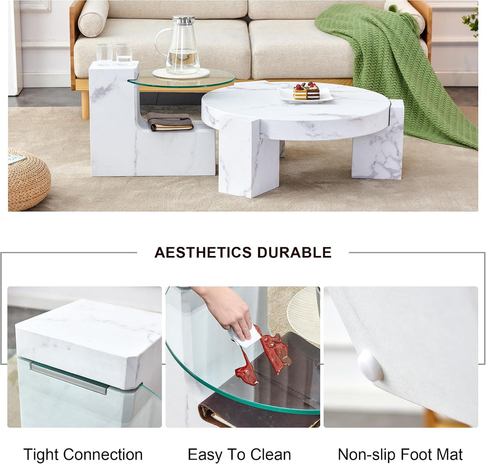 Modern Coffee Table Set of 2, 29.9" Round Wooden Coffee Table with White...