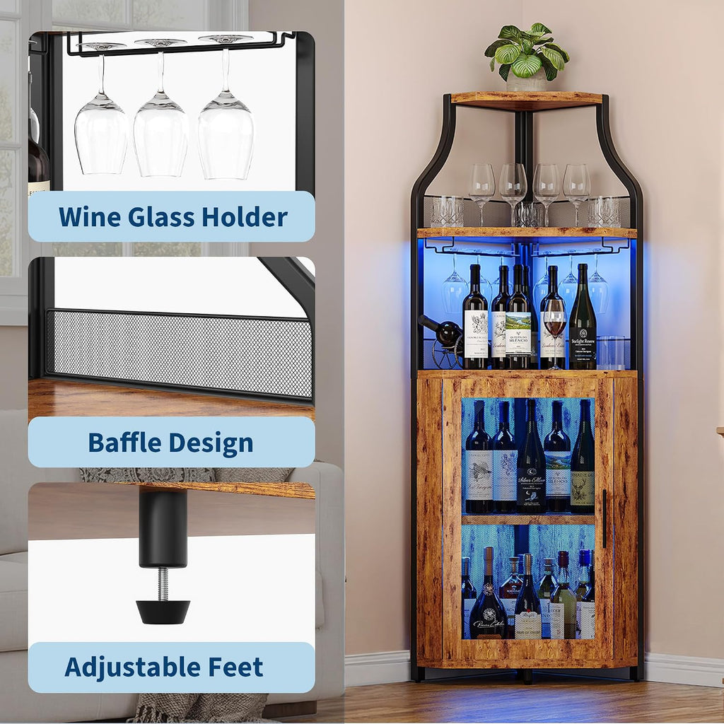 GarveeHome Corner Bar Wine Cabinet with LED Lights, 5-Tier Industrial Wine Cabinet with Glass Holder, Modern Liquor Cabinet with Adjustable Shelf, Home Bar Cabinet with Mesh Door, Rustic Brown