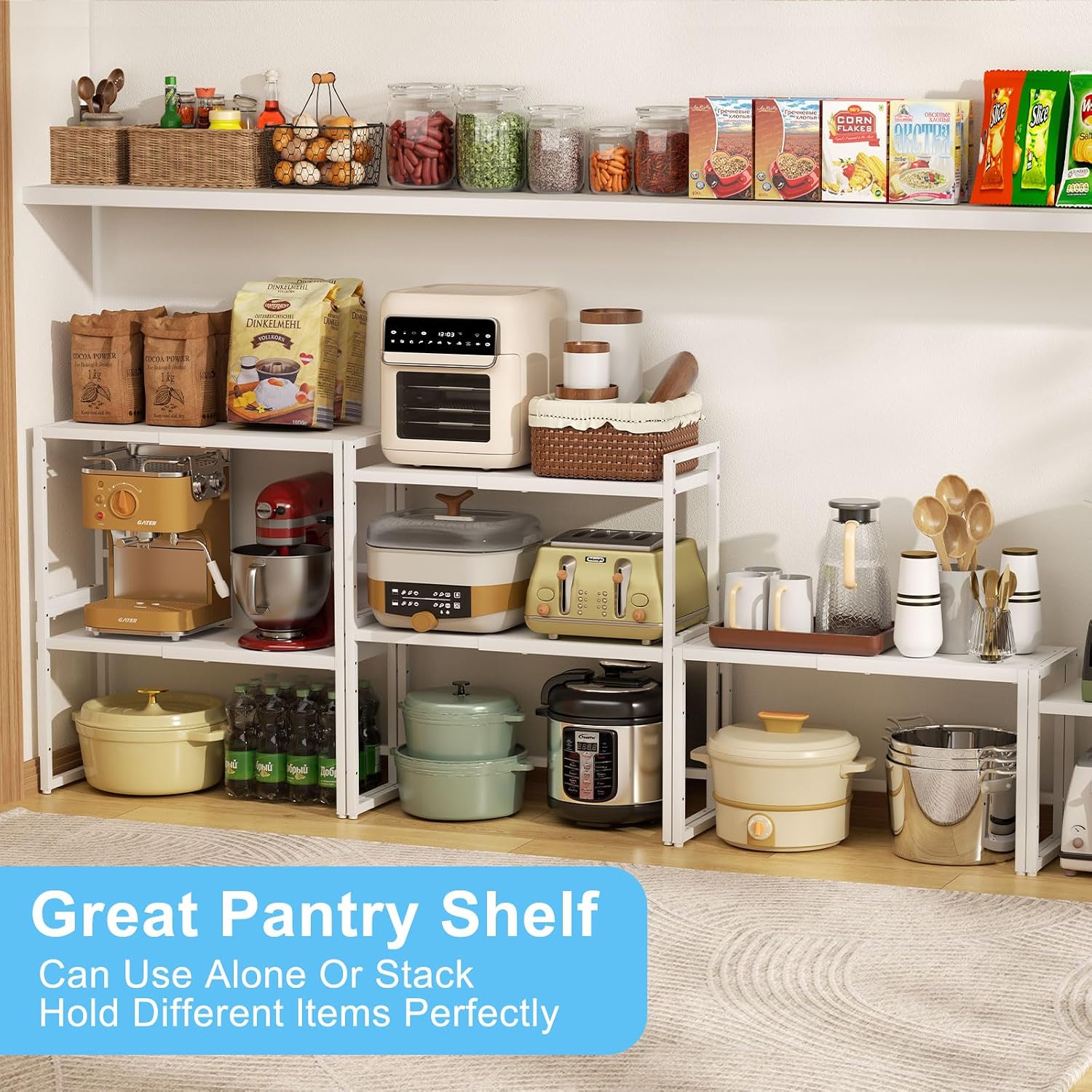 2 Pack Expandable Kitchen Storage Shelves,110LBS Heavy Duty Metal Shelving Unit and Storage for Pot Pans,Adjustable Stackble Small Storage Shelf Organizer for Kitchen Under Cabinet Pantry Garage,White