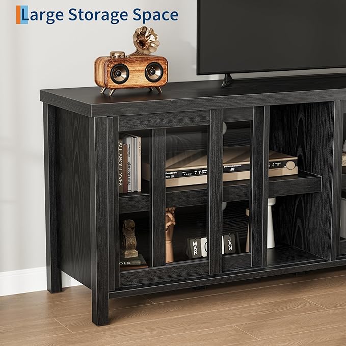 GAOMON TV Stand for 65" with Entertainment Center, Storage Cabinet, 4 Sliding Glass Doors, Mid Century Modern Media TV Console Table for Living Room Bedroom, Black