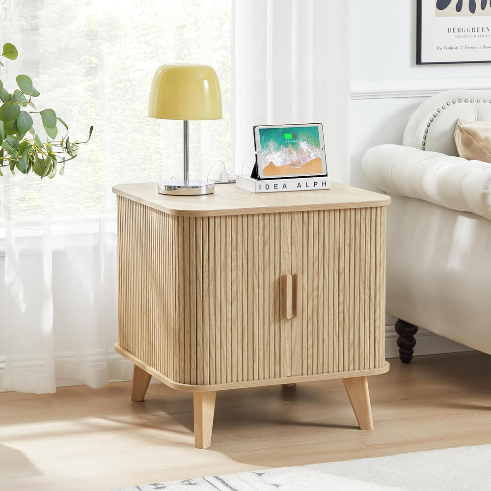 Nightstands Set of 2, 24 Inch Mid-Century Fluted End Table with Charging Stat...
