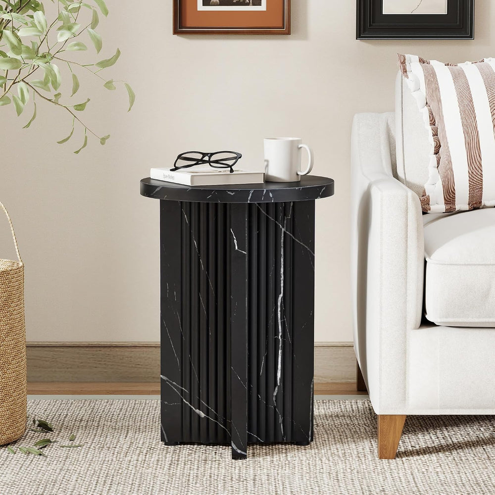 LEVNARY 15.7" Round Side Table with Marble-Look Top, Modern End Table wi...