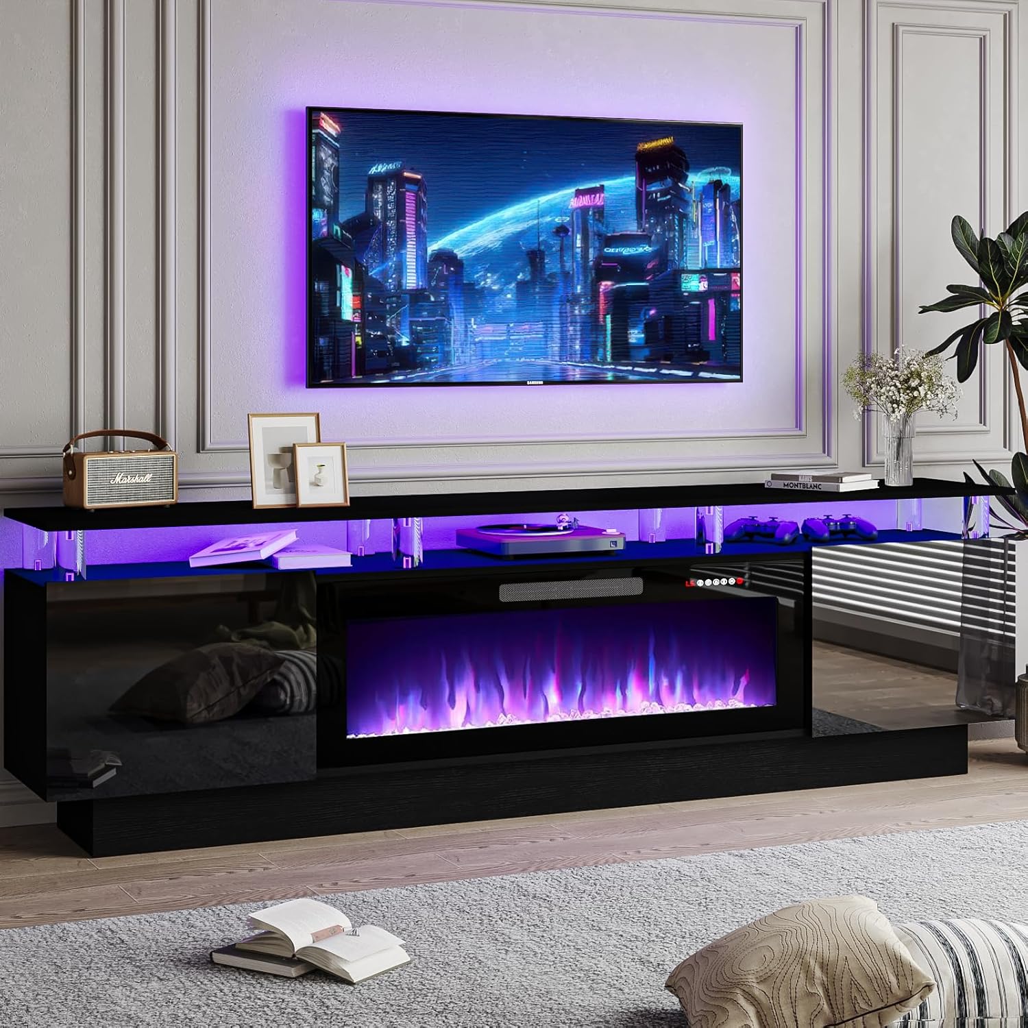 PRETZI 70" Modern Fireplace TV Stand with 36" Electric Fireplace for TVs Up to 80 inch, Luxury LED Light Entertainment Center with High Gloss Cabinet (Black, 70" (8 Acrylic Posts))
