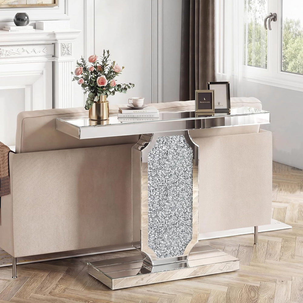 Silver Mirrored Console Table with Crushed Diamond Inlay, 39.4'' Long...