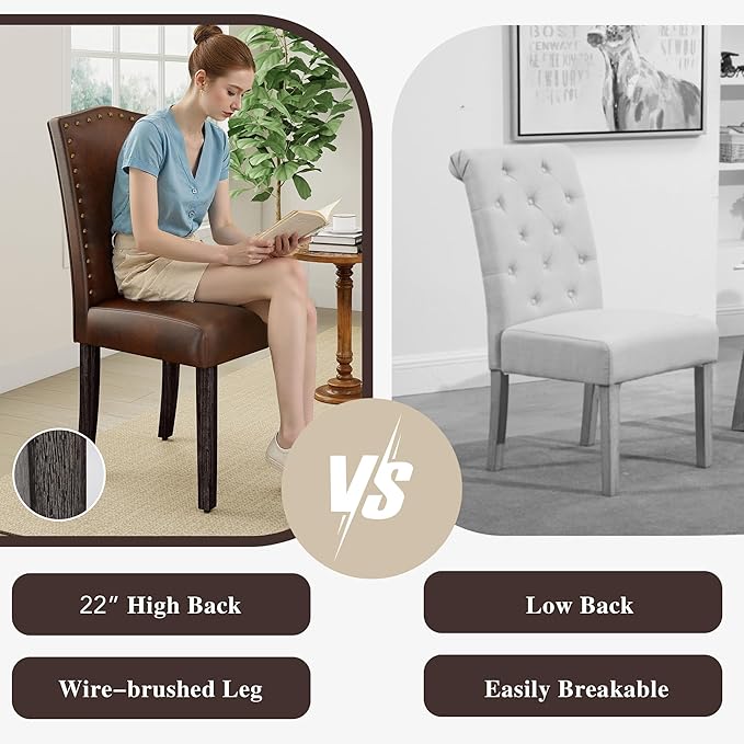 LSSBOUGHT PU Dining Chair Upholstered Parsons Kitchen Chair with Copper Nails and Solid Wood Legs for Dining Room,Restaurant (Dark Brown, 2PCS)