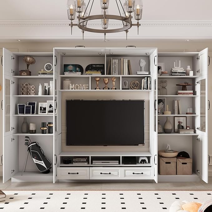 126" Entertainment Center Wall Unit with Glass Doors & Drawers, Large Wall Unit TV Stand for TVs up to 70", Media Console Table for Living Room, Can be Split into 4 Separate Cabinet, White