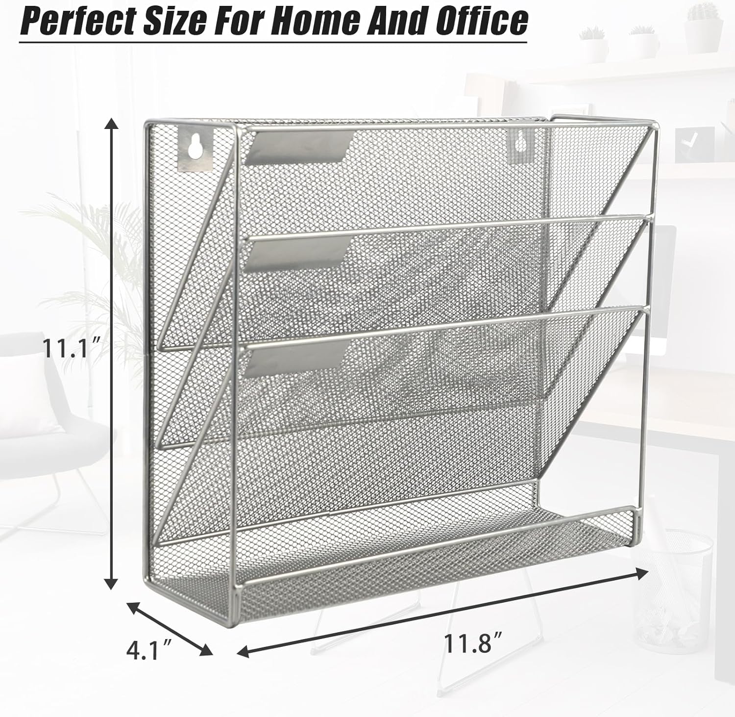 EASEPRES Desk File Organizer Mesh 4-Tier, Hanging Wall Mount Document Organization Stand, Desktop Vertical Mail Paper Folder Holder Rack with Bottom Tray for Office Home Cubicle Countertop, Silver