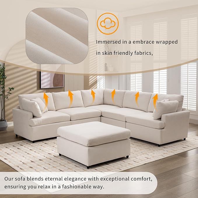 Merax 6-Seater Modern Large U-Shape Sectional Sofa, with Removable Ottomans for Living Room,Beige