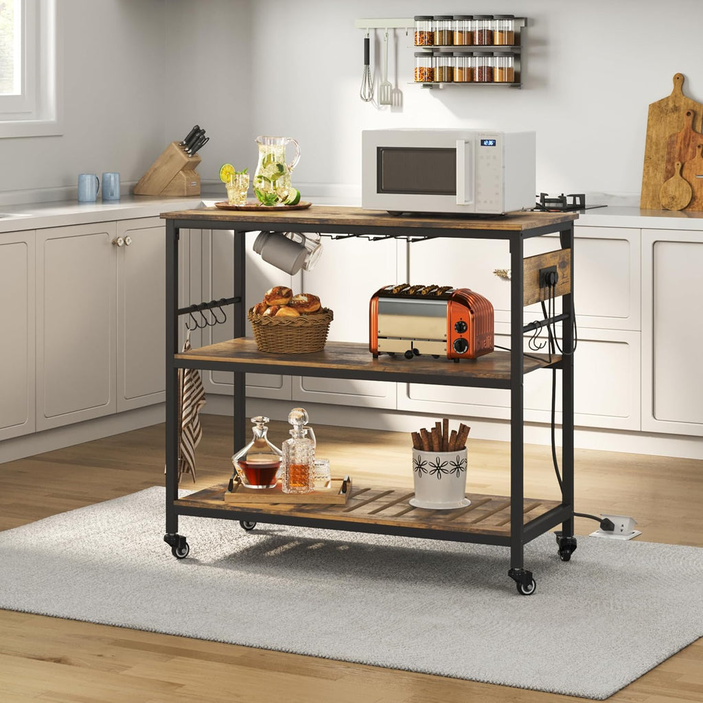 Yaheetech Kitchen Island Cart with Power Outlet, 3 Shelves, Rustic Brown | 40 Inches Rolling Kitchen Island With Storage, 3-Tier Coffee Cart with Footpads, Wine Rack Glass Holder Hooks for Dining Room