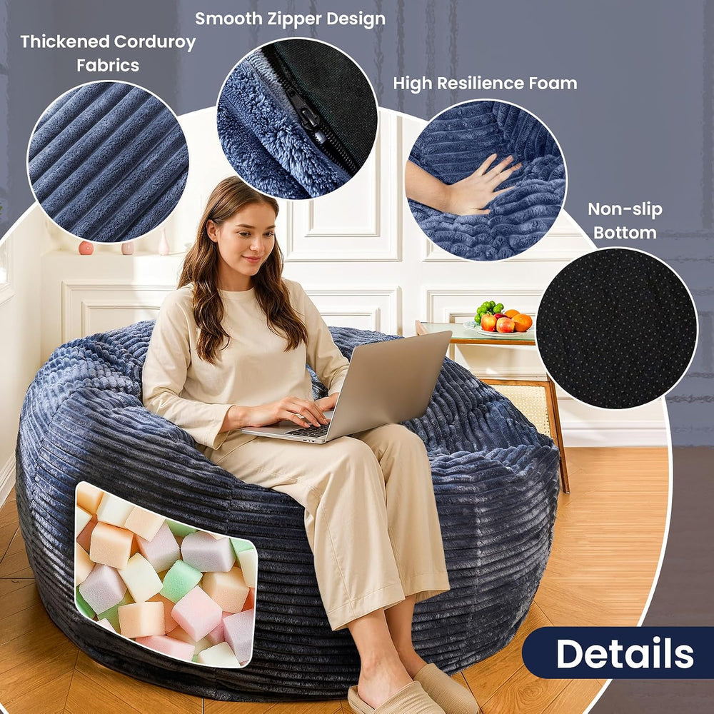 5FT Bean Bag Chair, Giant Bean Bag Chairs with Memory Foam Filled, Bean Bag C...