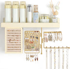 Hanging Jewelry Organizer Wall Mounted with Necklace Earring Ring Holder | Wall Jewelry Holder with Rustic Wood Shelf, Rotating Necklace Storage Organizer, Versatile Earring Holder, Ring Display Box