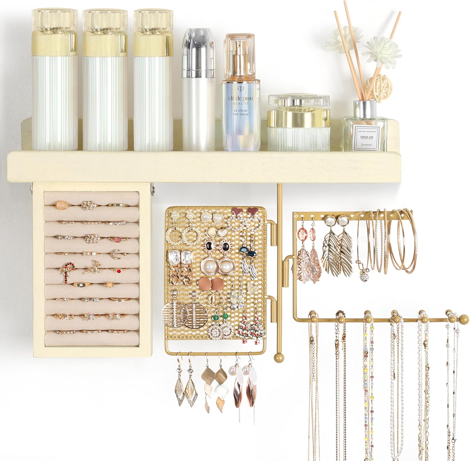 Hanging Jewelry Organizer Wall Mounted with Necklace Earring Ring Holder | Wall Jewelry Holder with Rustic Wood Shelf, Rotating Necklace Storage Organizer, Versatile Earring Holder, Ring Display Box