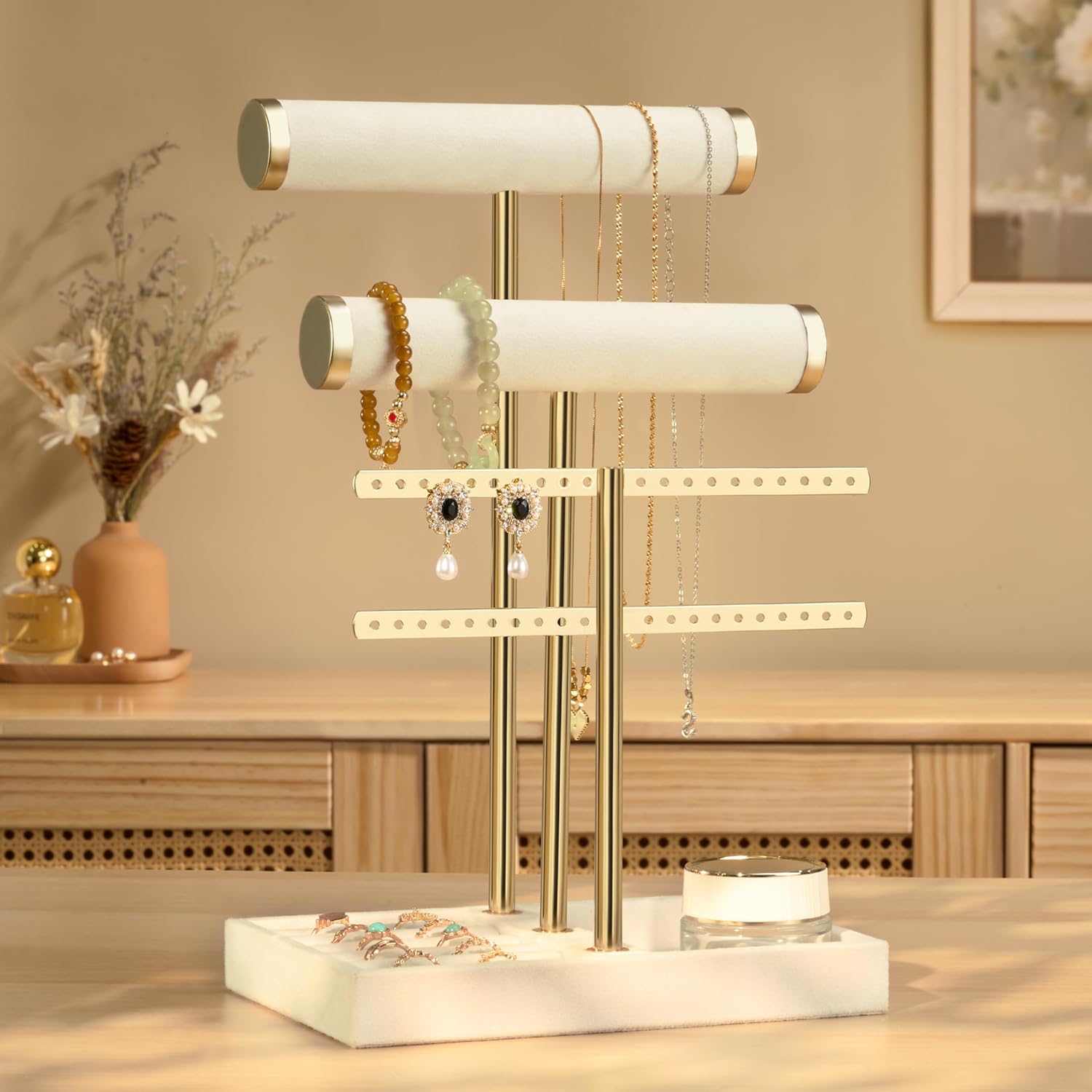 3 Tier Bracelet Holder Display - Detachable T Bar Beige Velvet Bracelet Holder, Jewelry Holder Organizer for Bracelet, Necklace, Earrings, Rings