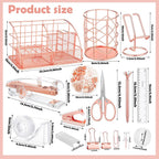 Rose Gold Office Supplies and Accessories, Rose Gold Mesh Desk Organizers with Tape Holder, Tape, Stapler, Staple Remover, 1000pcs Staples, Pen, Pen Holder, Ruler, Phone Holder, Clips, Scissor