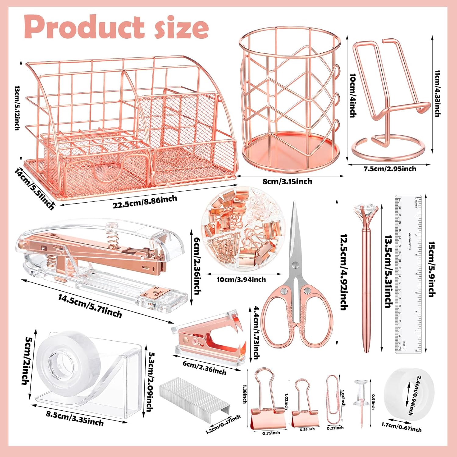 Rose Gold Office Supplies and Accessories, Rose Gold Mesh Desk Organizers with Tape Holder, Tape, Stapler, Staple Remover, 1000pcs Staples, Pen, Pen Holder, Ruler, Phone Holder, Clips, Scissor