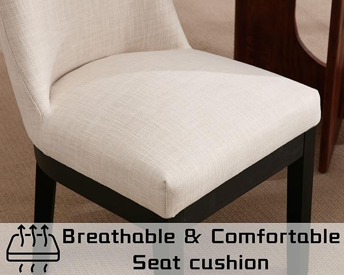 Modern Dining Chairs Set of 2 with Comfortable Back Support, Farmhouse Soft Linen Upholstered Kitchen Dining Room Chairs with Black Solid Wood Legs, Armless Accent Side Chairs for Living Room, Beige