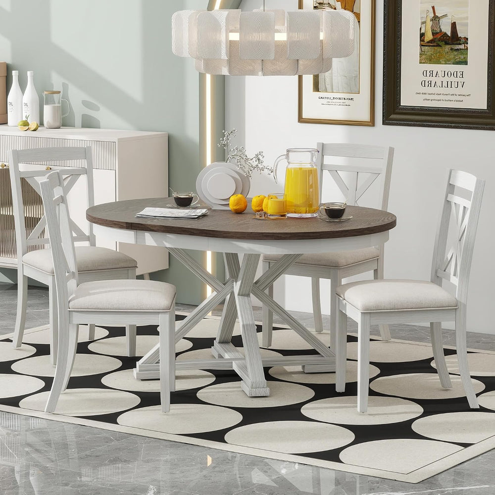 Merax Round Dining Table Set for 4, Farmhouse Kitchen Table Set with Extendab...