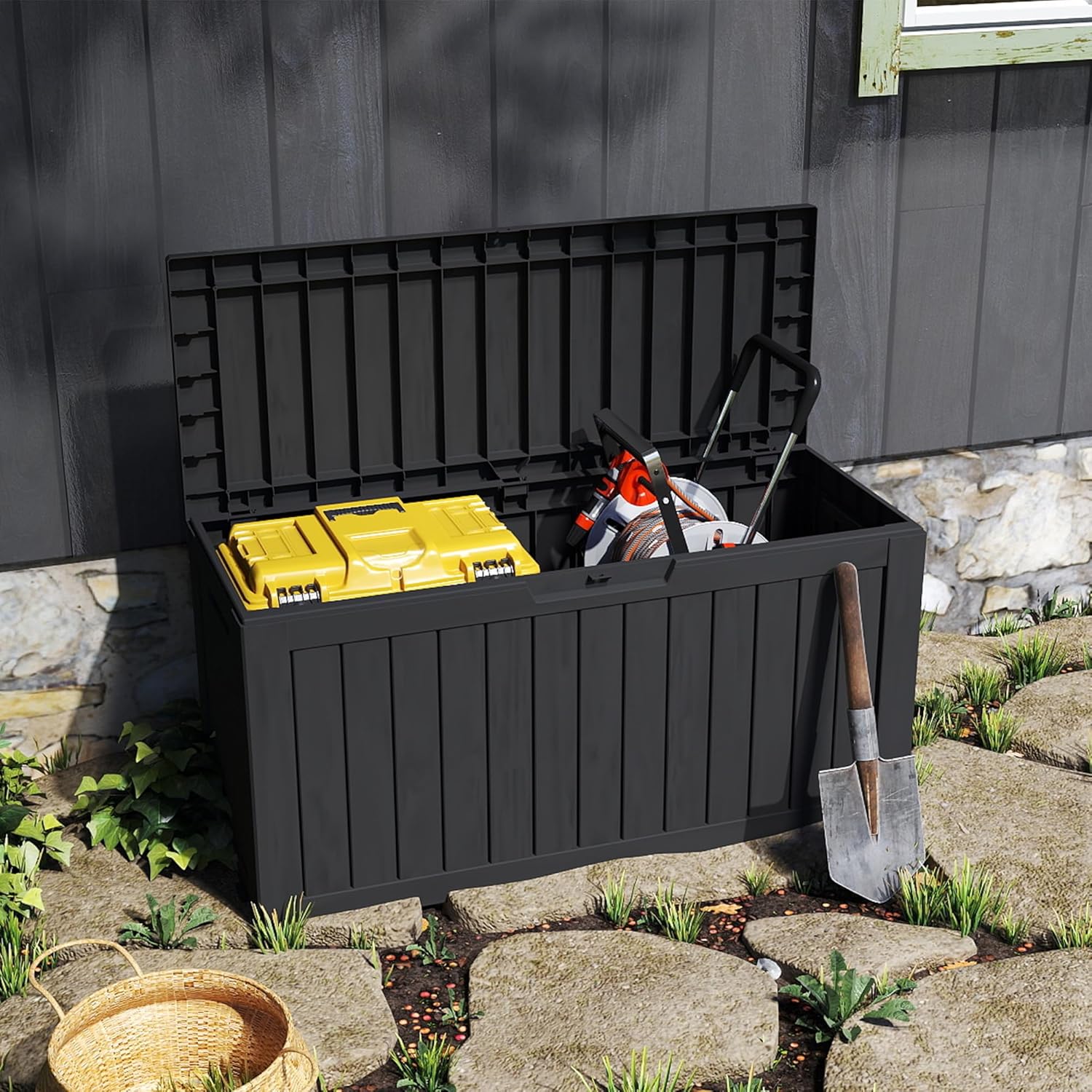 TARKARI 90 Gallon Lockable Resin Deck Box with Wheels, Waterproof & UV-Resistant Outdoor Storage Box for Outdoor Cushion Storage, Garden Tools & Pool Accessories Storage, Black