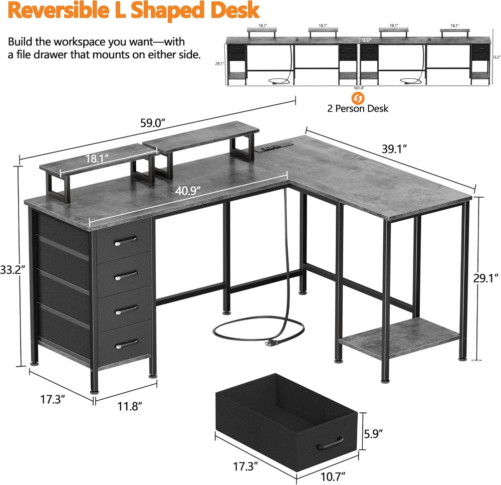 Korfile 59 inch L Shaped Computer Desk with Power Outlets, Grey