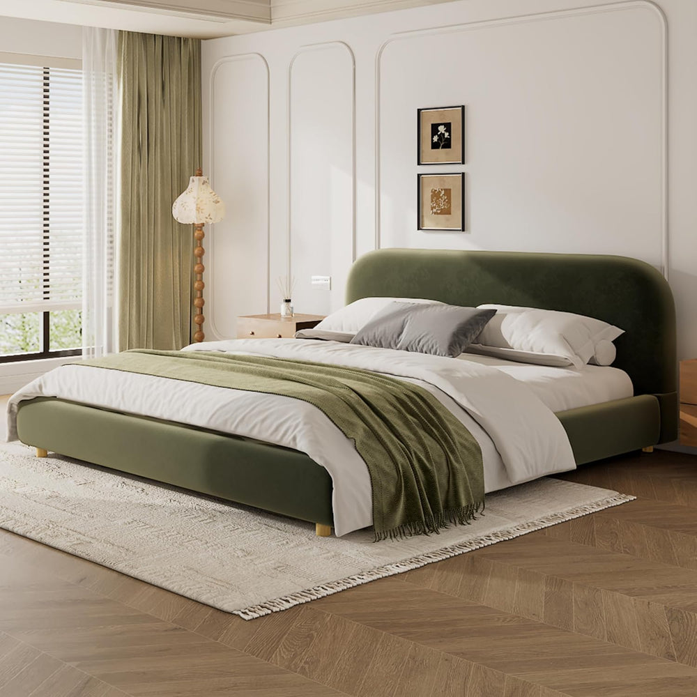 Merax King Boucle Fabric Platform Bed with Curved Headboard, Olive Green