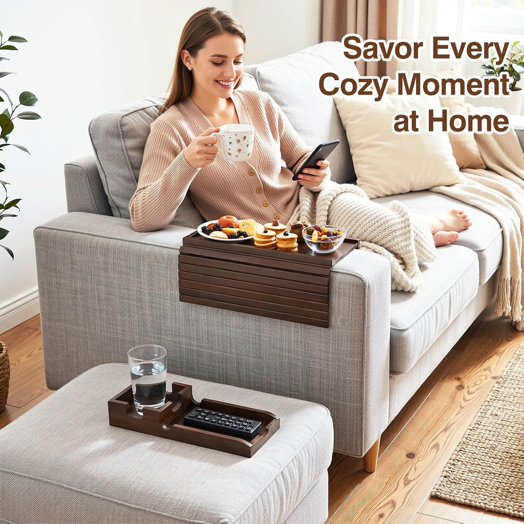 Couch Arm Tray, 2-in-1 Split Design Sofa Armrest Tray for Couch | Anti-Slip Couch Armrest Table, Foldable Couch Tray for Arm, for Dessert, Phone, Control, Cups, Brown