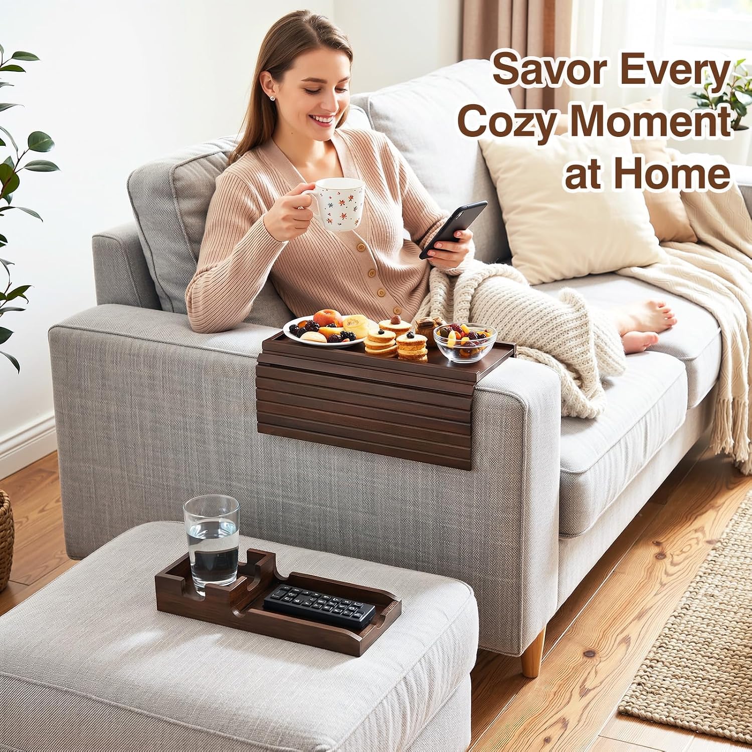 Couch Arm Tray, 2-in-1 Split Design Sofa Armrest Tray for Couch | Anti-Slip Couch Armrest Table, Foldable Couch Tray for Arm, for Dessert, Phone, Control, Cups, Brown