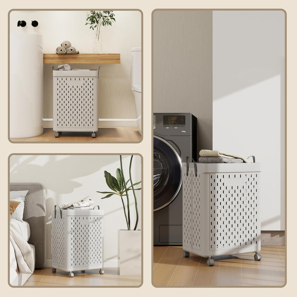 UAK Laundry Basket with Wheels, Collapsible Plastic Laundry Hamper with Handle, Foldable Laundry Basket Organizer for Laundry and Bathroom (Light Grey, XXXL)