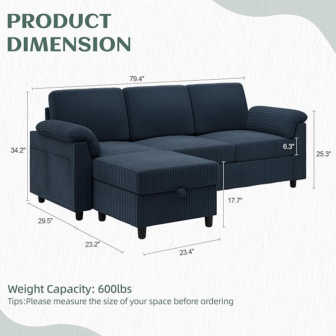 Vongrasig Convertible Sectional Sofa Couch, 3 Seat L Shaped Sofa with Removable Pillows Soft Corduroy Fabric Small Couch Mid Century for Living Room, Apartment and Office (Blue)