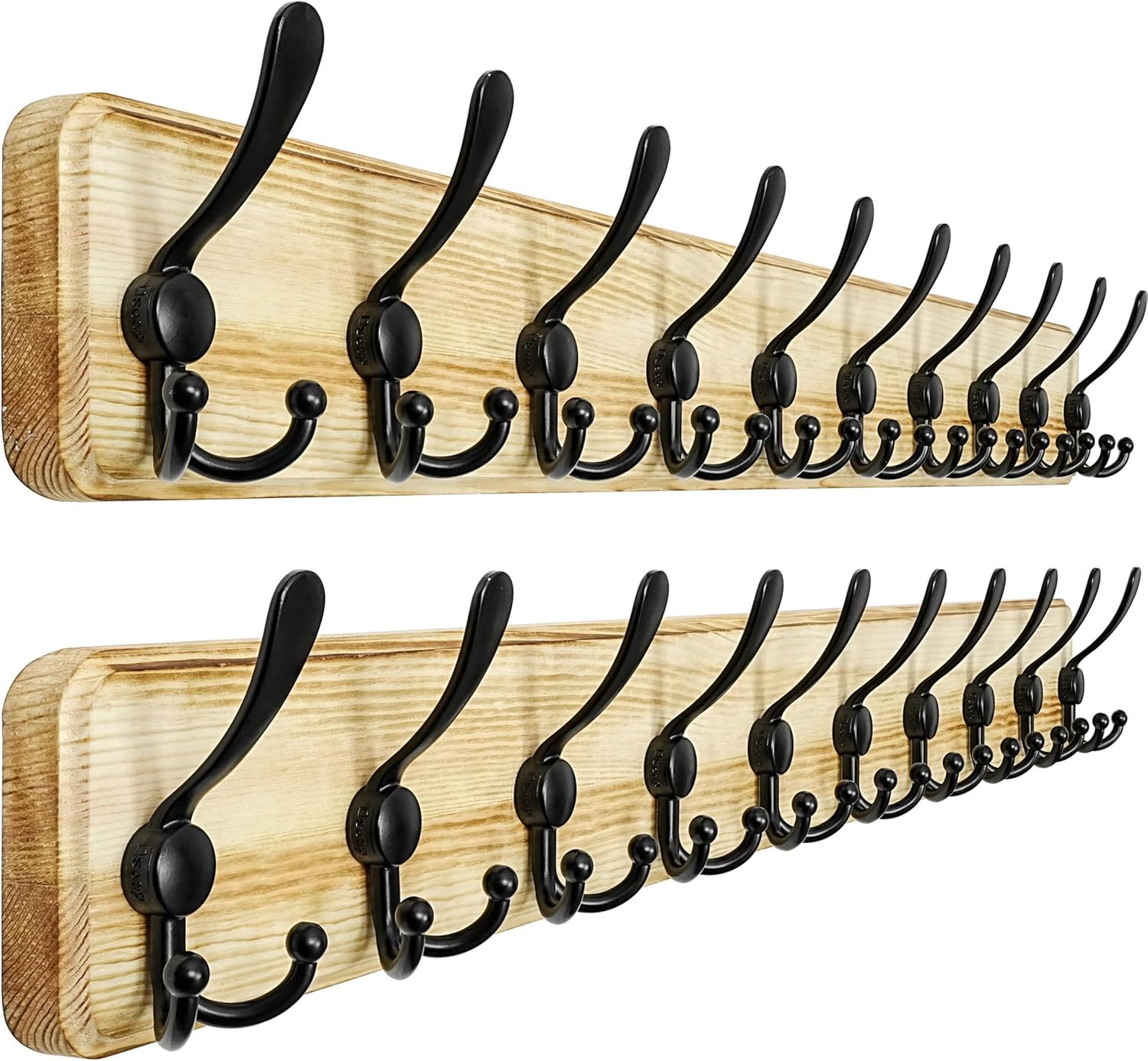 Dseap Coat Rack Wall - Heavy-Duty 38-1/4" Long, with Reinforced 10 Custom Tri-Hooks, Solid Wood Wall Hanger for Coats Hat Jackets - Rustic Farmhouse Entryway Storage, Light Brown & Black, Pack of 2