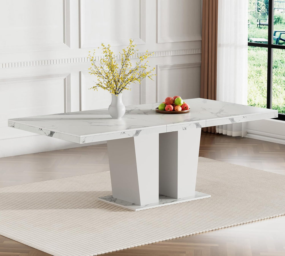 63"-78.74" White Faux Marble Extendable Dining Room Table Set for 6...