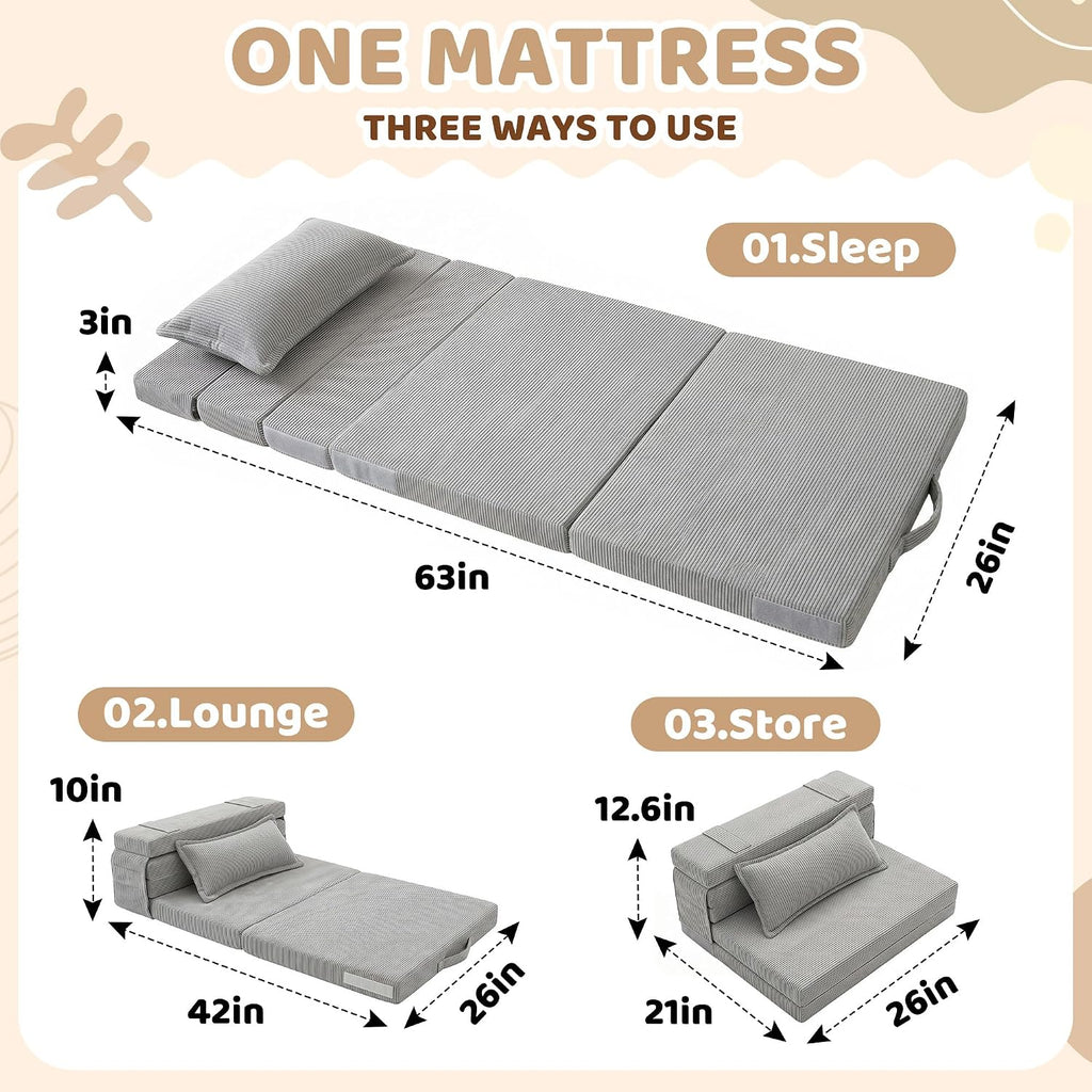 Tri-Fold Futon Mattress,Foldable Japanese Floor Sleep Mattress,High-Density Foam Tatami Bed Mat with Corduroy Cover,Nap Pad & Floor Lounger for Dormitory & Small Space(Charcoal Gray,63x26)