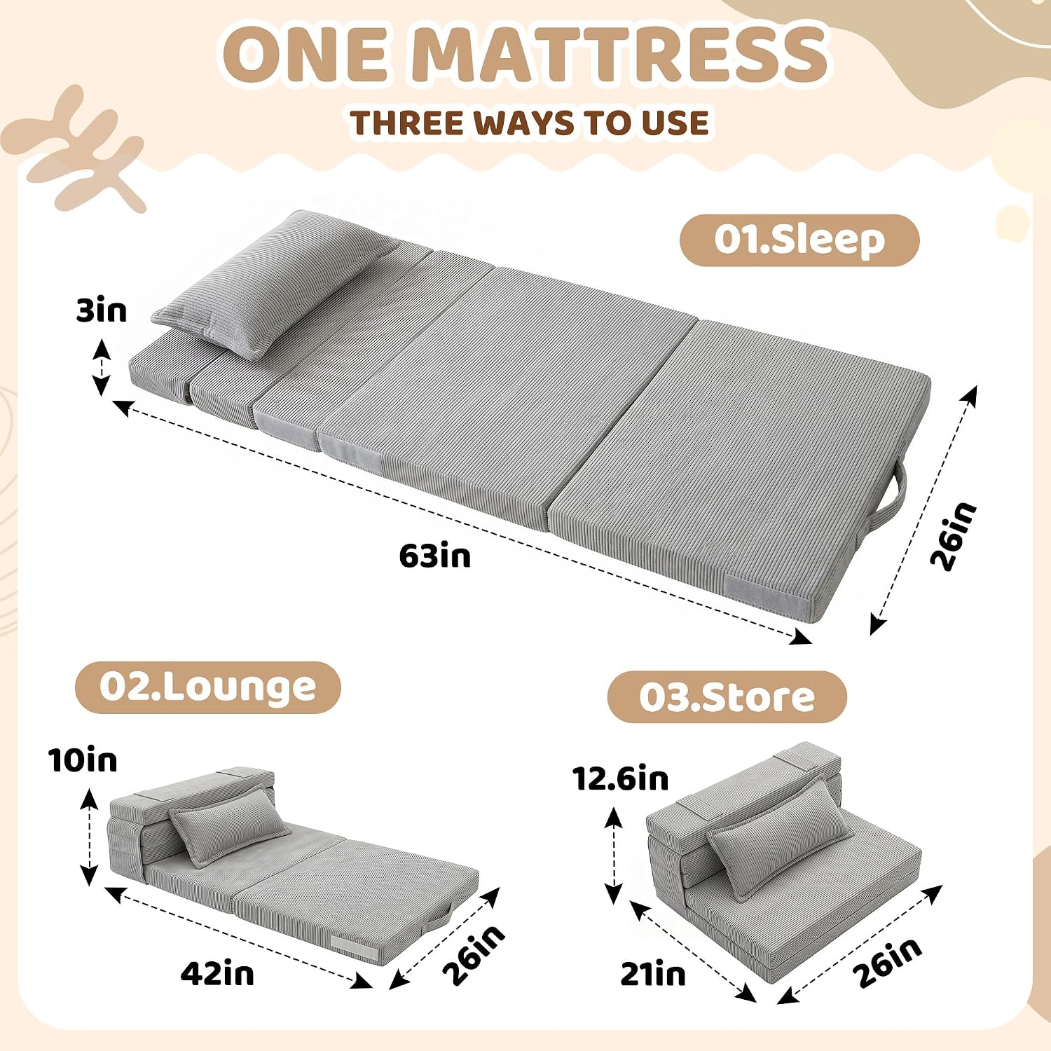 Tri-Fold Futon Mattress,Foldable Japanese Floor Sleep Mattress,High-Density Foam Tatami Bed Mat with Corduroy Cover,Nap Pad & Floor Lounger for Dormitory & Small Space(Charcoal Gray,63x26)