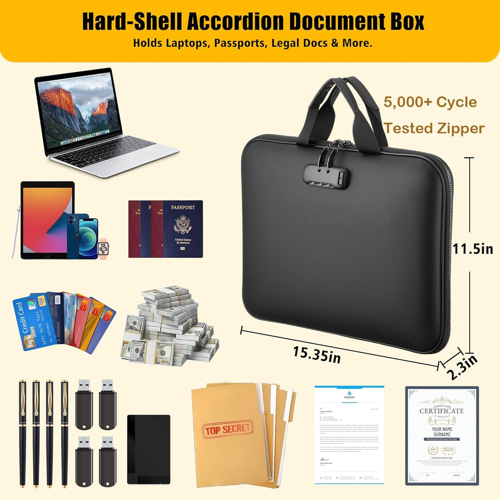 Fireproof Document Box with Combination Lock, Hard-Shell Fireproof File Organizer for Legal Documents, Laptop, Valuables & Important Papers, 13-Pocket Accordion File Folder