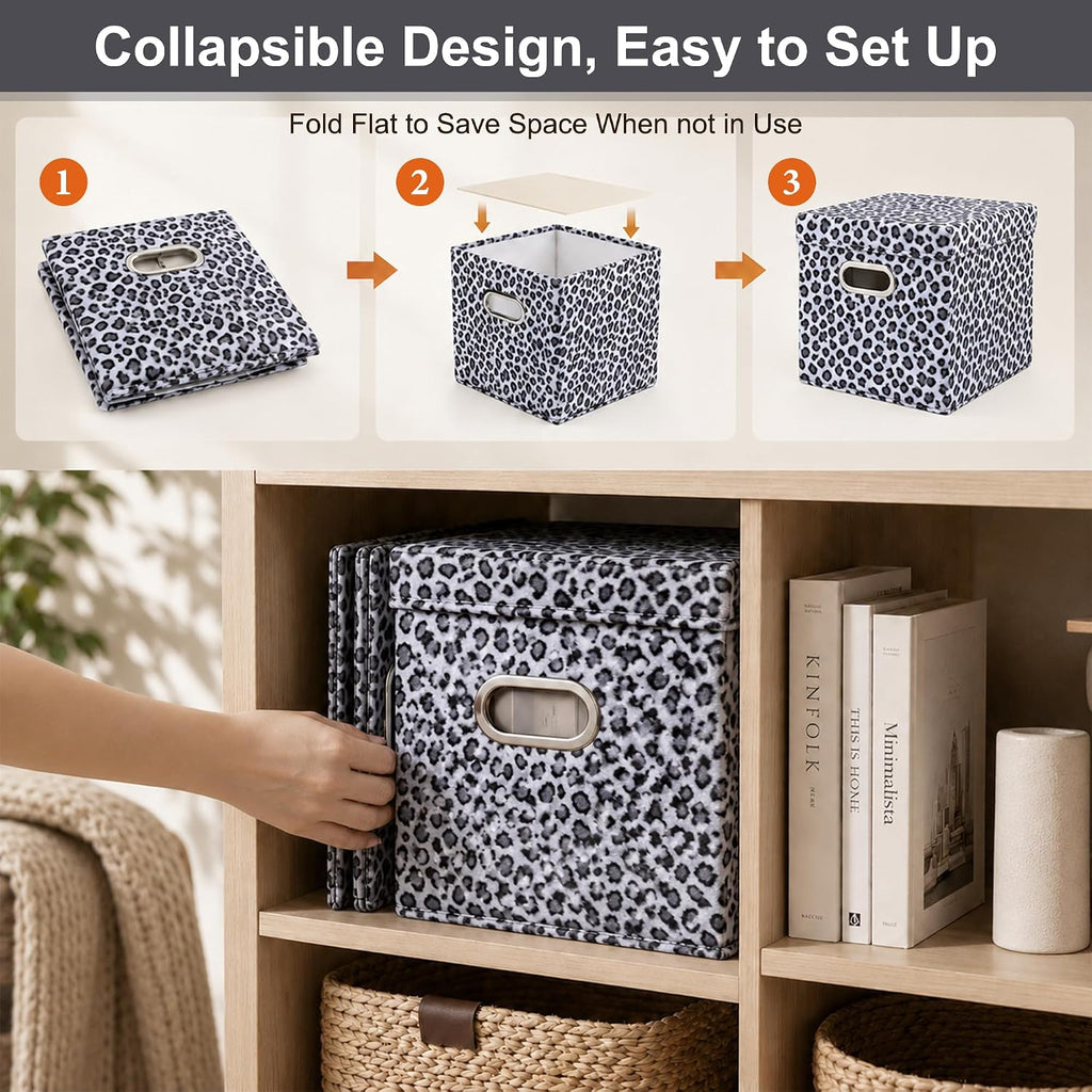 ANMINY Leopard Cheetah Print Storage Cubes Bins with Lids, 11Inch 2PCS | Velvet, PP Board Frame, Collapsible & Washable, Built-in Metal Handles, Animal Themed Fabric Cubes, Closet Shelves, Gray